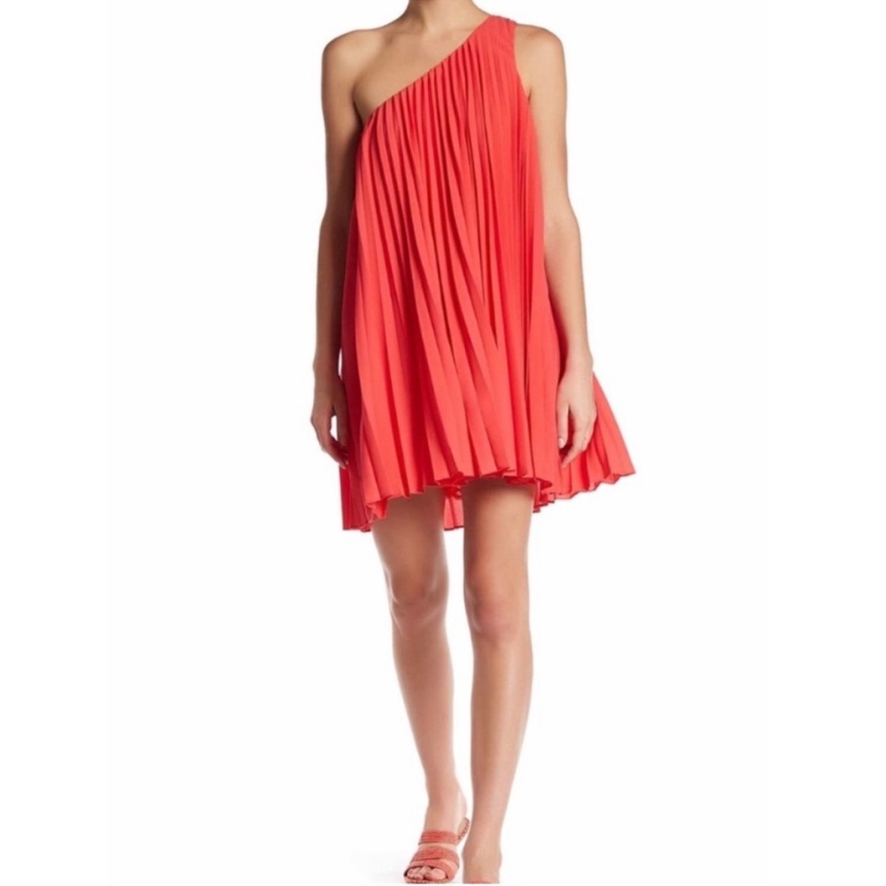 🛍️🏖️ TRINA TURK NEW! Skyla PleatedChiffon One ShoulderMini Dress Ruby Rio SzS